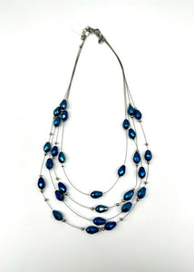 6524 Blue and Silver Beaded 4-Tier Necklace