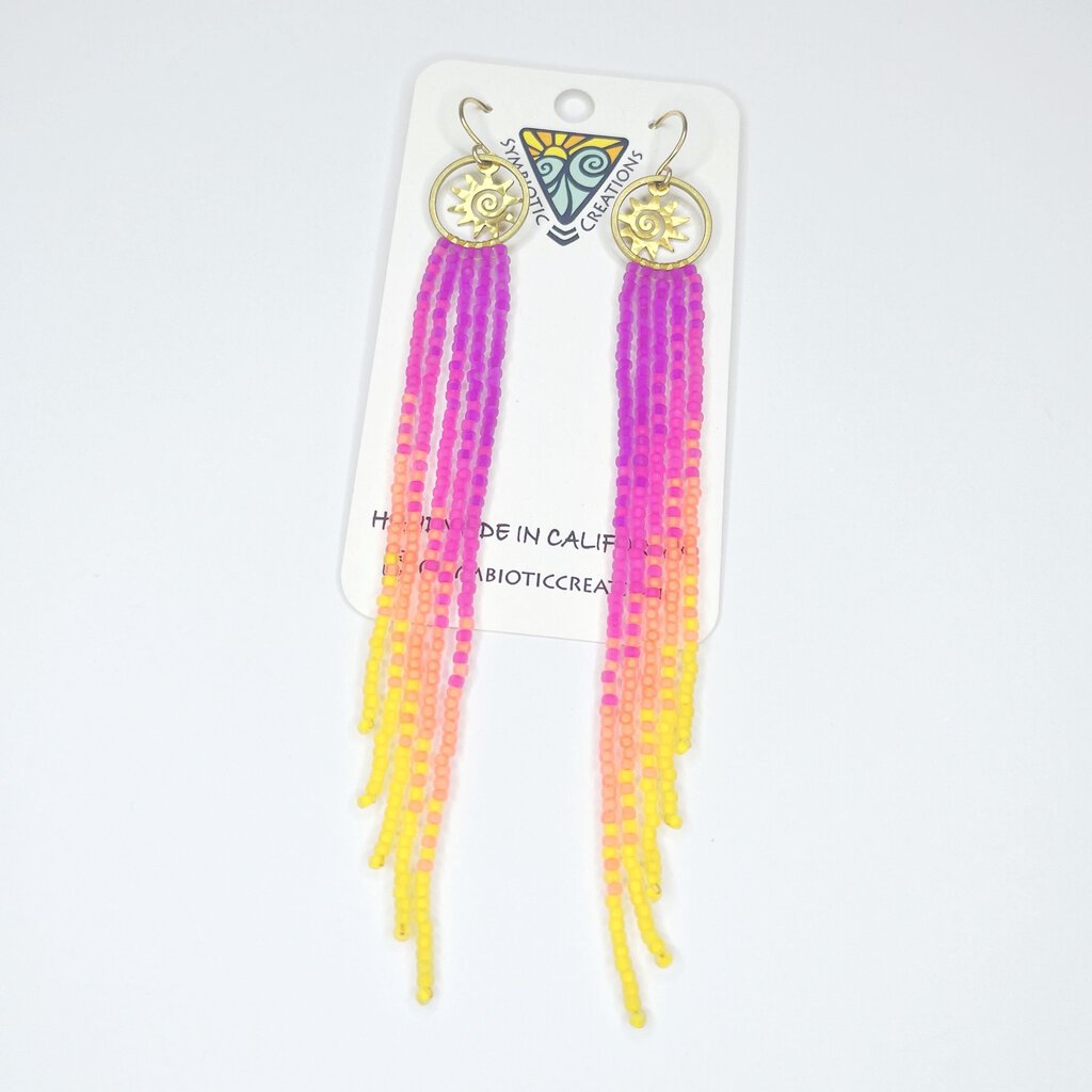 Small brass hoop/sun + bead ombre pink/purple duster earrings + gold fill hooks