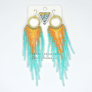 Gold plate hoops + bead ombre orange/blue long fringe earrings + gold fill hooks