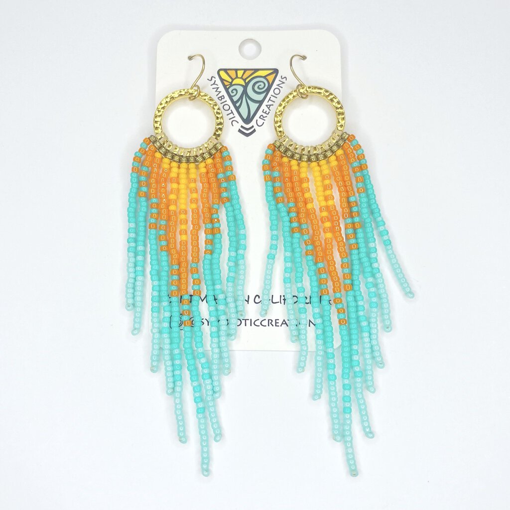 Gold plate hoops + bead ombre orange/blue long fringe earrings + gold fill hooks
