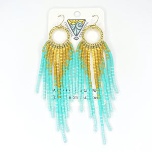 Gold plate hoop + bead ombre brown/blue long fringe earrings + gold fill hooks