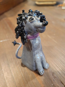 Hand painted and handmade ceramic gray and black poodle figurine
