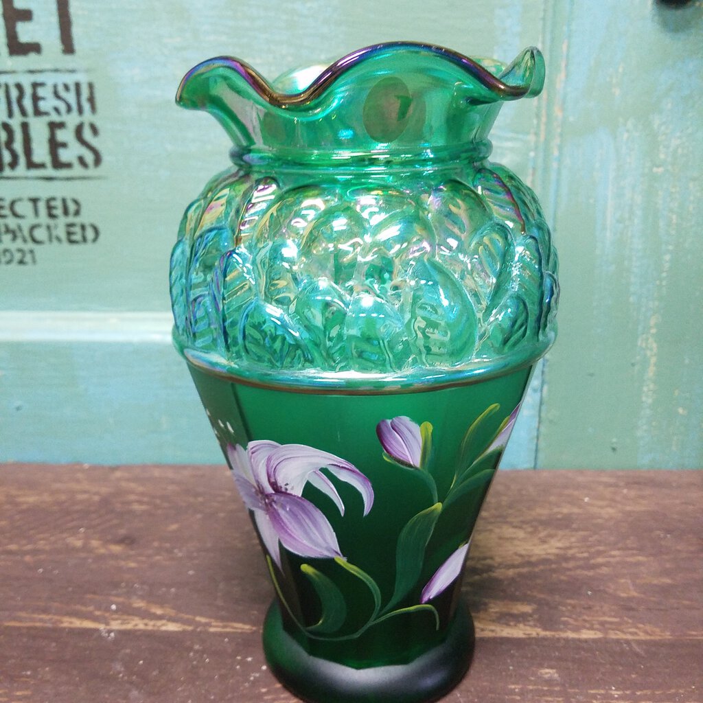 Fenton Art Glass vase, Designer Showcase Series (green iridescent)