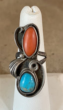 Load image into Gallery viewer, B38 Navajo Sterling Silver Turquoise Coral Ring size 6
