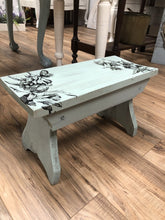 Load image into Gallery viewer, Coastal Blue Stepping Stool w/ Black Floral Transfers 16 1/2L,7 1/2 W, 9 1/2 H
