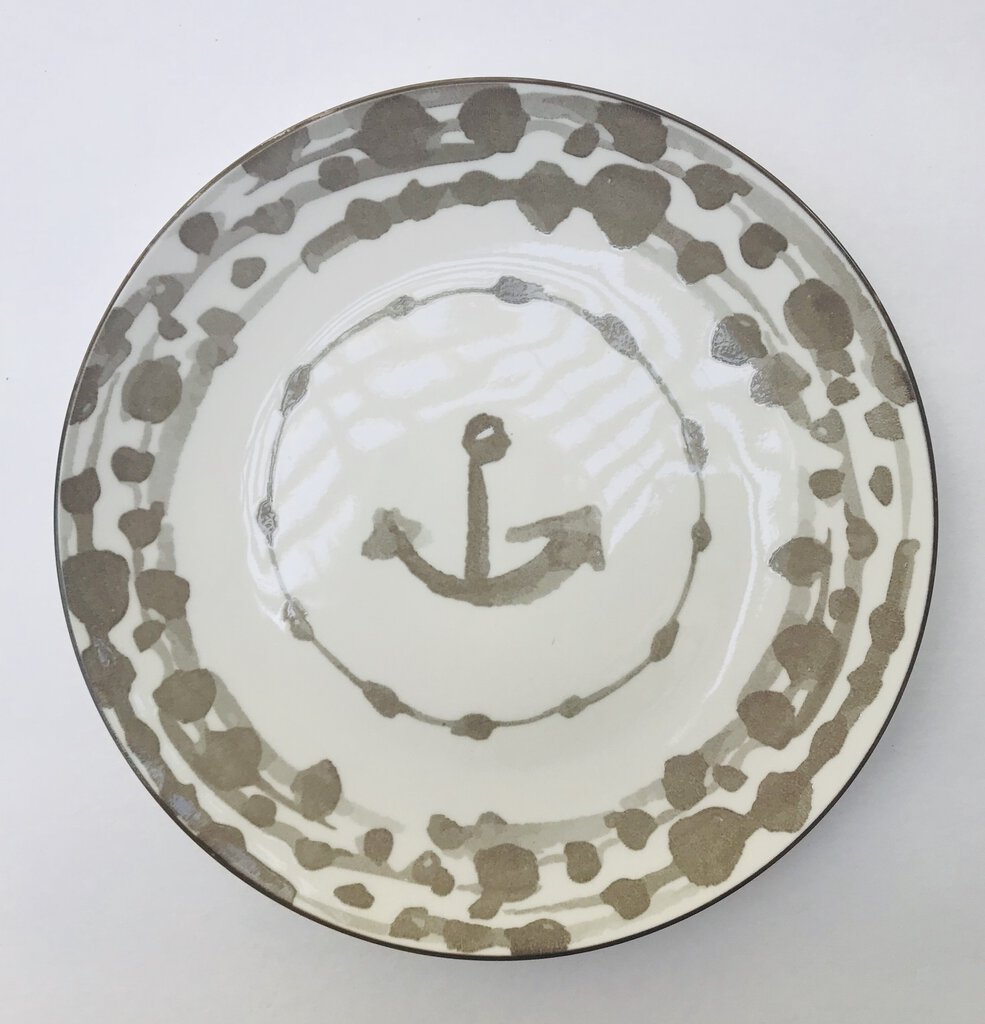 13985 Round Nautical Stoneware Plate, Grey, 8.5