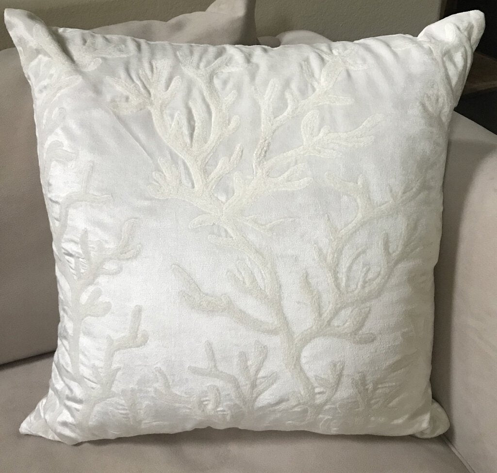 13997 Embroidered Coral-Velvet Pillow, White, 22 x 22
