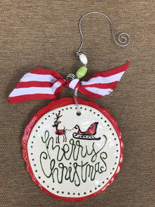 13893 Merry Christmas Sleigh-Round Flat Ornament (Ceramic)
