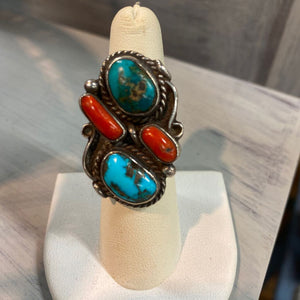 F50 Vintage Navajo Signed Sterling Silver Mediterranean Coral & Turquoise RIng Sz 6.25